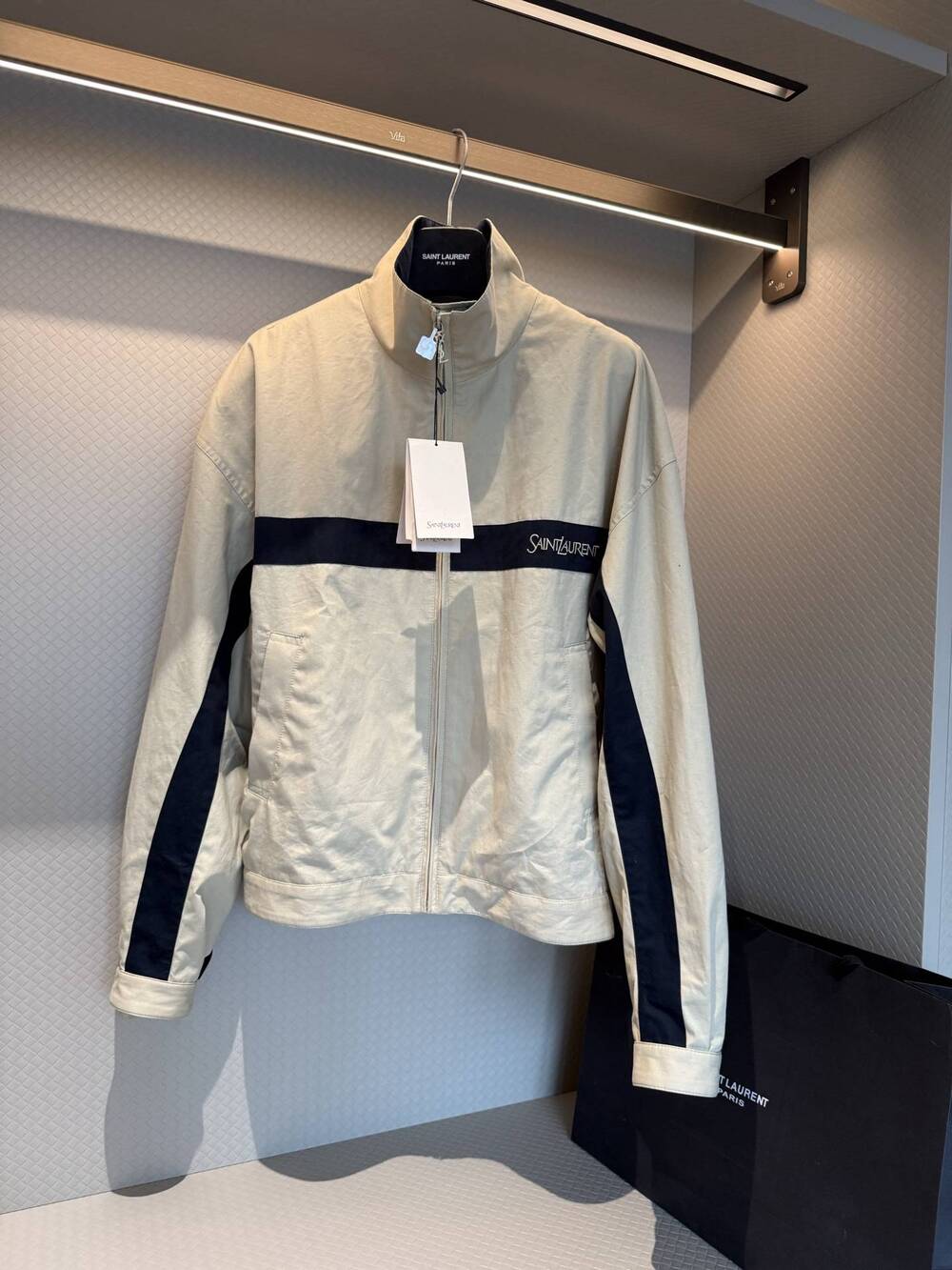 ✨YSL Saint Laurent 🤍Cream Navy Stripe Zip Track Jacket